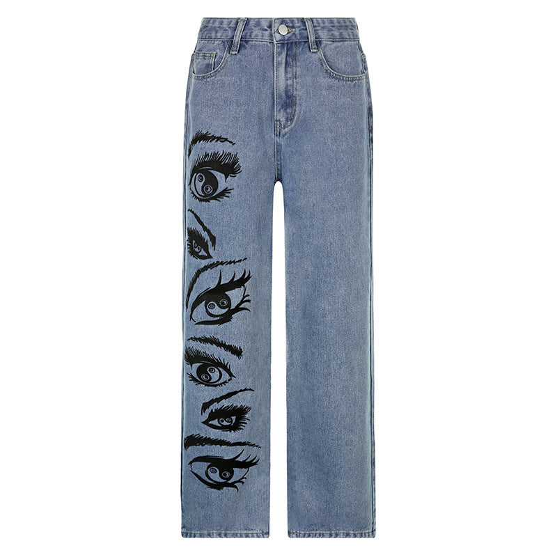 Fashion Personality Eye Print Blue Jeans Women