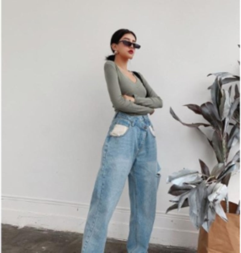 Ripped Jeans Women High Waist Casual Slim