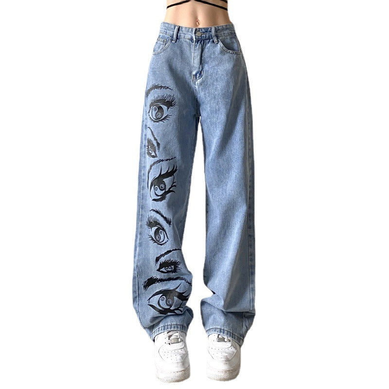 Fashion Personality Eye Print Blue Jeans Women