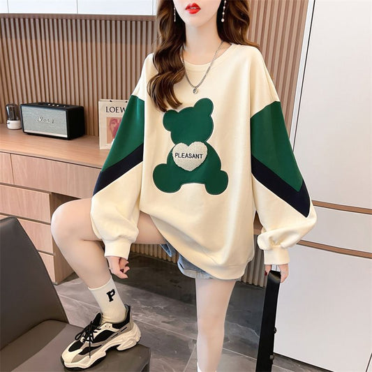 Women's Loose-Fit Patchwork Embroidered Little Bear Hoodie Top