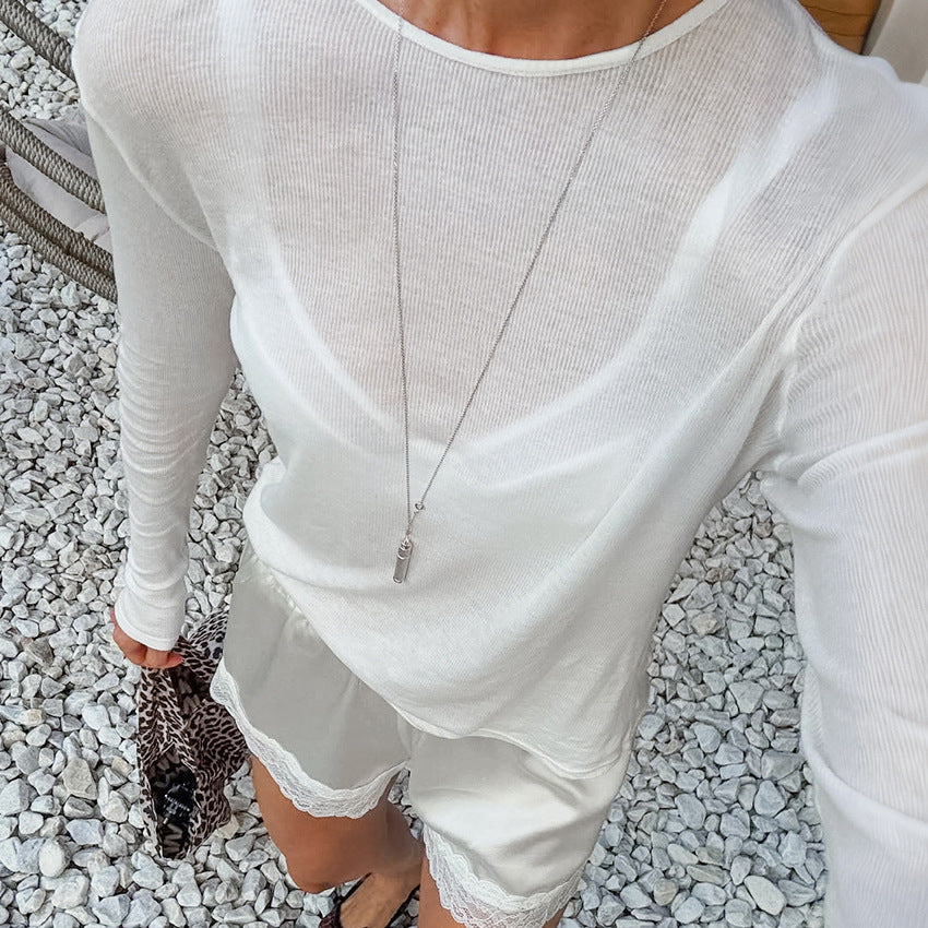 Round Neck Sheer Top Women's French Springautumn