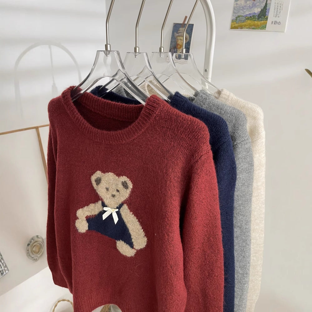 Japanese Bear Bow Cute Embroidery Autumn Winter Soft And Comfortable Sweater