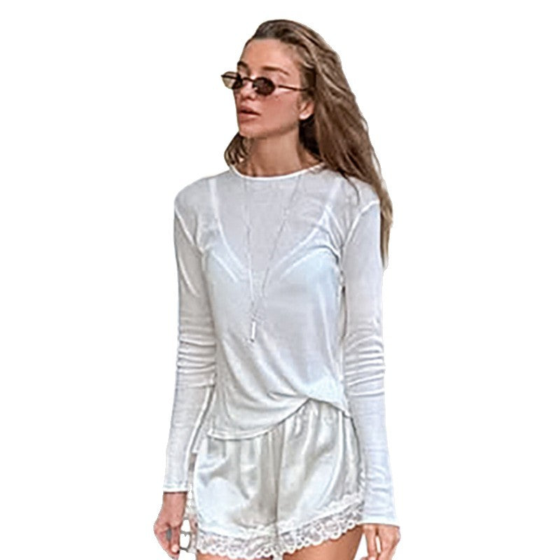 Round Neck Sheer Top Women's French Springautumn