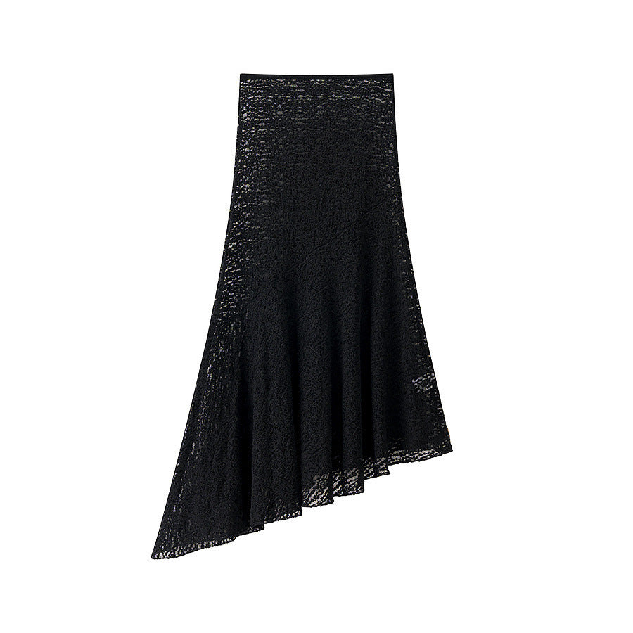 Lace Irregular Hem Half-skirt With Low Waist Belt In Solid Color