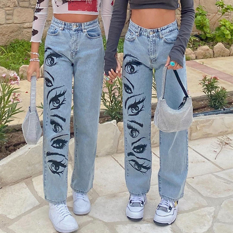 Fashion Personality Eye Print Blue Jeans Women