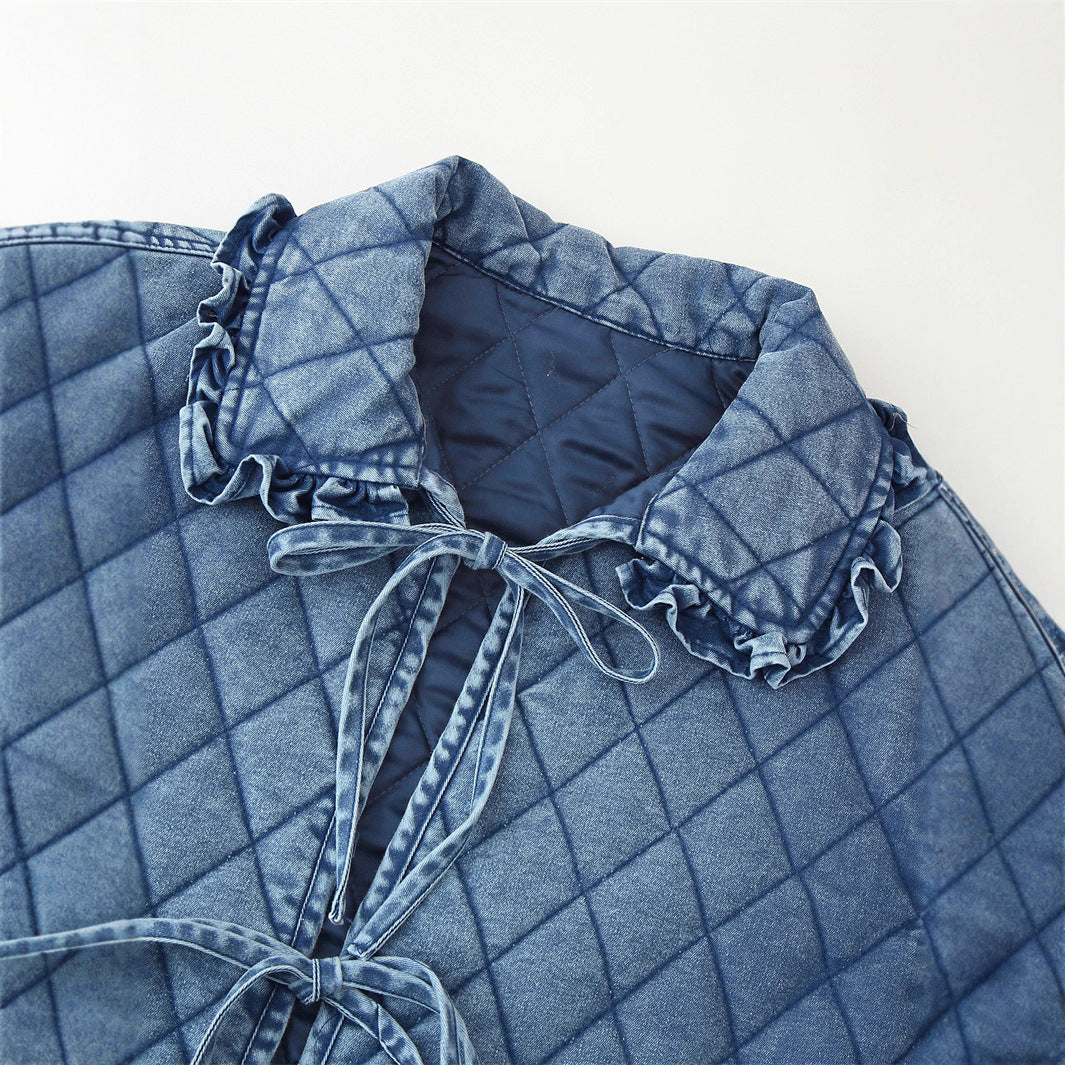 Washed Wood Ear Trim Denim Jacket Long Sleeve